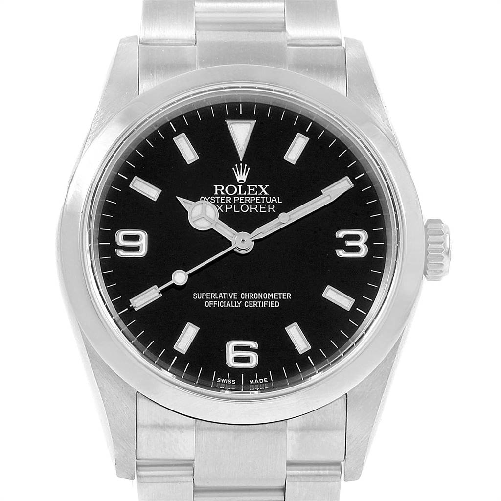 This Rolex Explorer 114270 Men's Stainless Steel Black Dial 114270 Men's Stainless Steel Black Dial model watch is shown from a front angle, highlighting the black dial, hands, markers, and part of the metal bracelet.