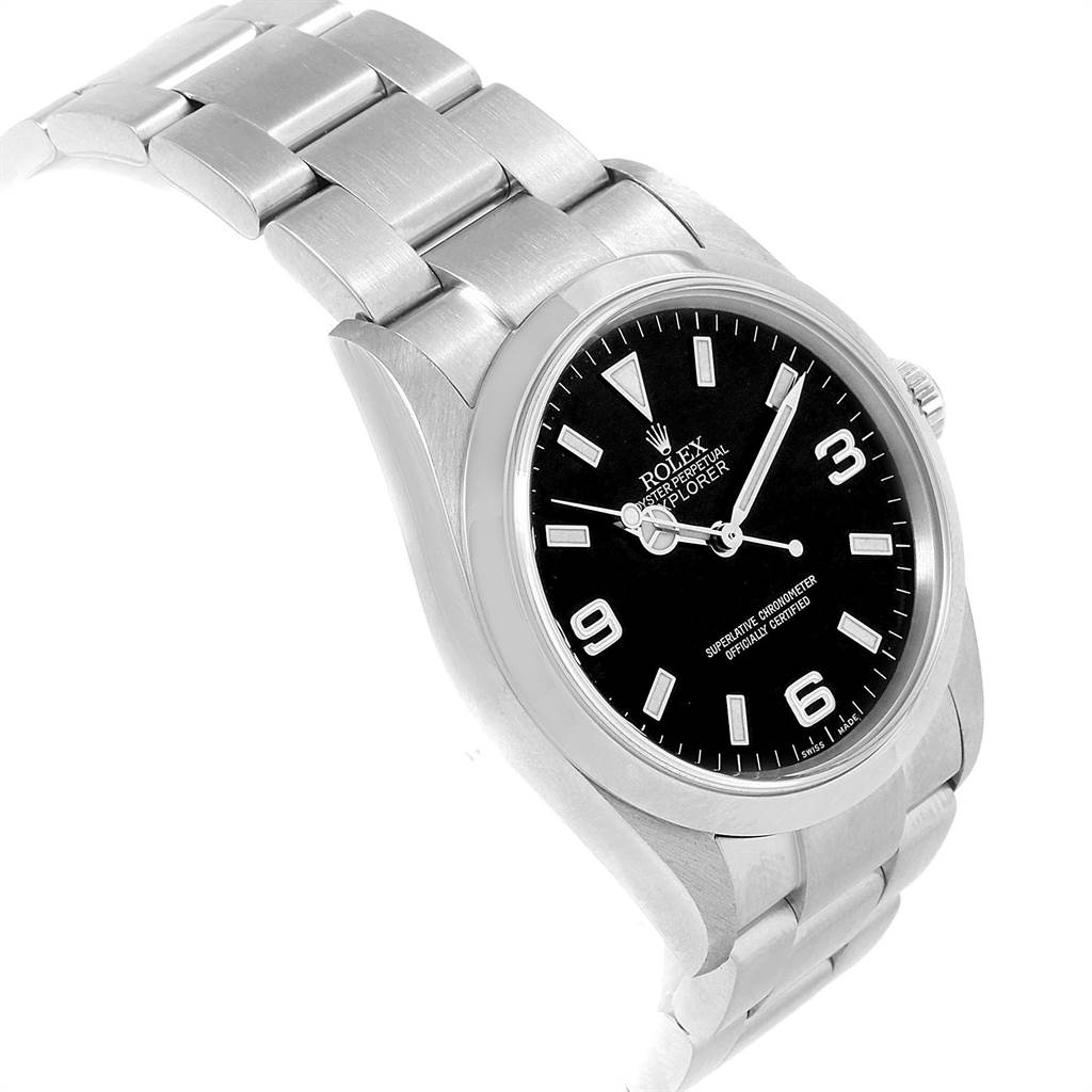 The image shows a side angle of a Rolex Explorer 114270 Men's Stainless Steel Black Dial 114270 Men's Stainless Steel Black Dial watch featuring its bracelet, case, and dial.