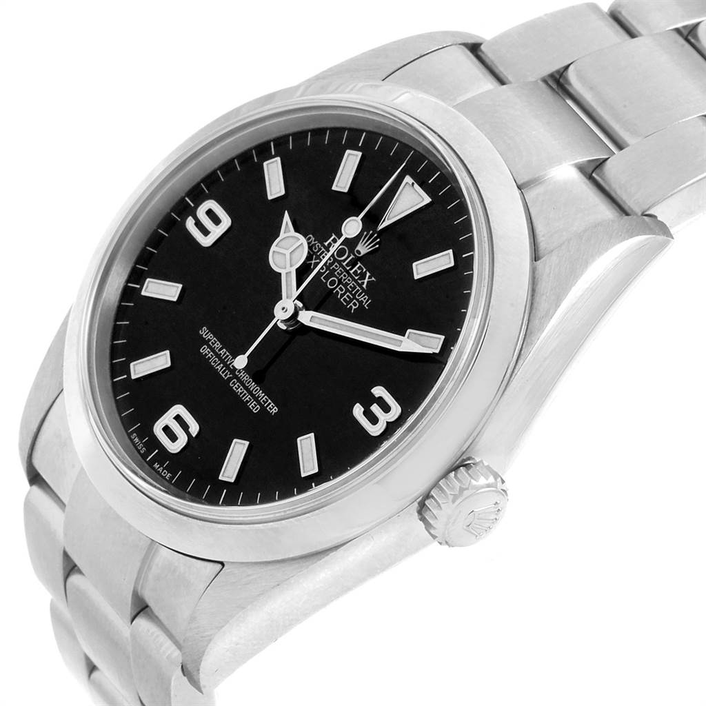 This image shows a Rolex Explorer 114270 Men's Stainless Steel Black Dial 114270 Men's Stainless Steel Black Dial watch from an angled side view, displaying the dial, crown, and bracelet.