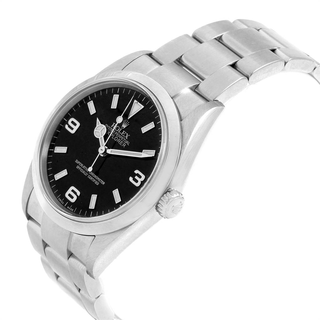 This image shows a Rolex Explorer 114270 Men's Stainless Steel Black Dial 114270 Men's Stainless Steel Black Dial watch at a slight angle, highlighting the dial, crown, and bracelet.