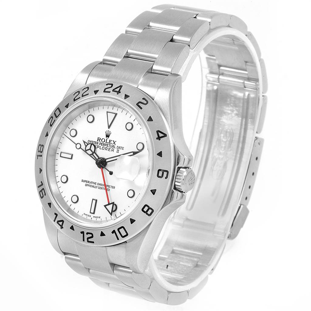 The Rolex Explorer 16570 Men's Stainless Steel White Dial 16570 Men's Stainless Steel White Dial model watch is shown at a three-quarter angle, displaying the face, bezel, crown, and partial bracelet.