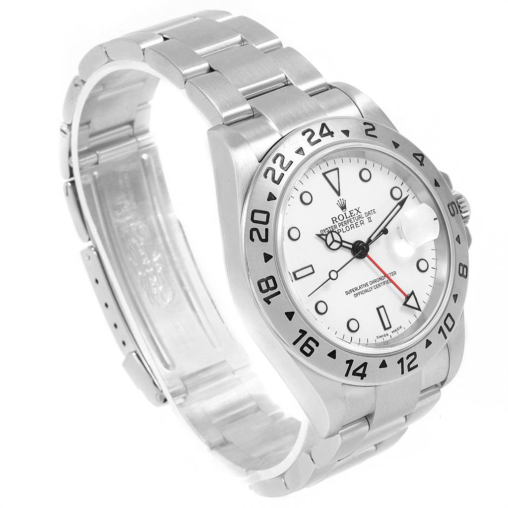 The image shows a side view of a Rolex Explorer 16570 Men's Stainless Steel White Dial 16570 Men's Stainless Steel White Dial watch, highlighting the bracelet, bezel, and dial with hour markers and hands.