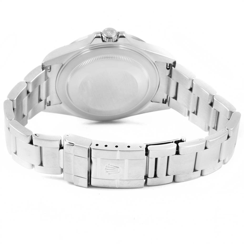 The image shows the back case and bracelet of a Rolex Explorer 16570 Men's Stainless Steel White Dial 16570 Men's Stainless Steel White Dial watch from a rear angle.