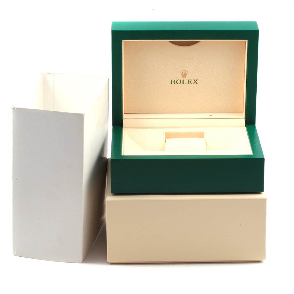 The image shows an open Rolex Explorer 216570 Men's Stainless Steel White Dial 216570 Men's Stainless Steel White Dial watch box with its outer box and white sleeve, photographed from the front.