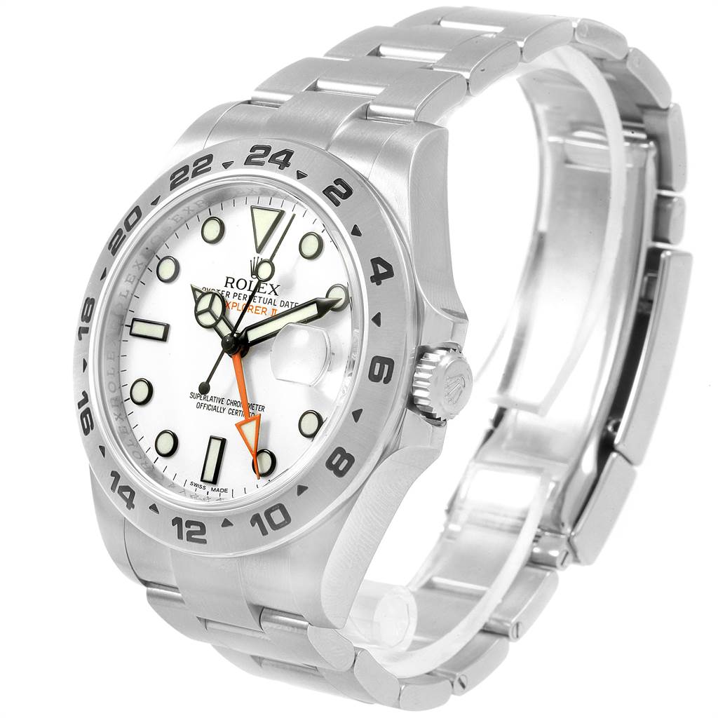 This image shows a side and front angle of the Rolex Explorer 216570 Men's Stainless Steel White Dial 216570 Men's Stainless Steel White Dial watch, highlighting the bezel, dial, hands, bracelet, and crown.