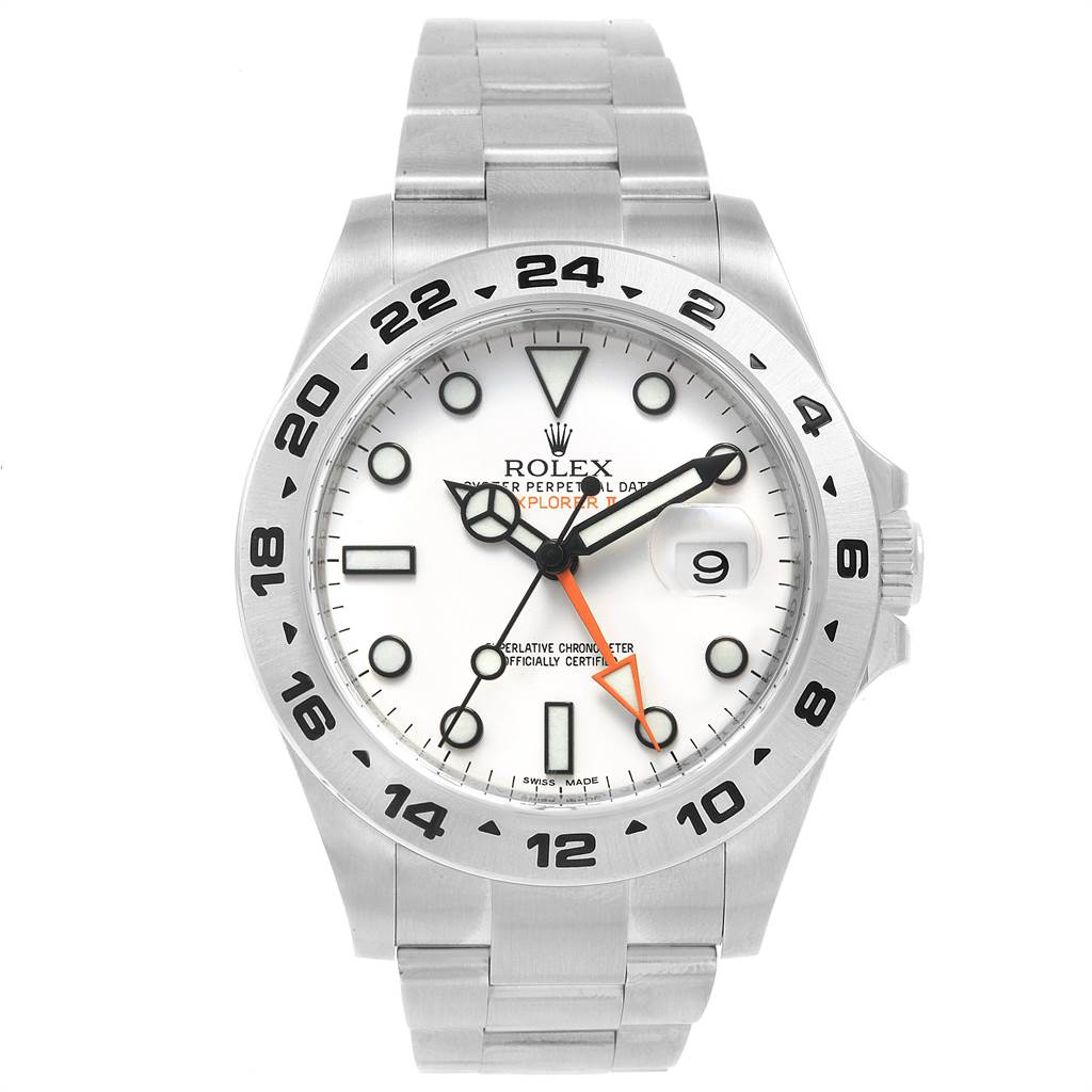 The image shows a front view of a Rolex Explorer 216570 Men's Stainless Steel White Dial 216570 Men's Stainless Steel White Dial watch, highlighting the dial, bezel, and bracelet.