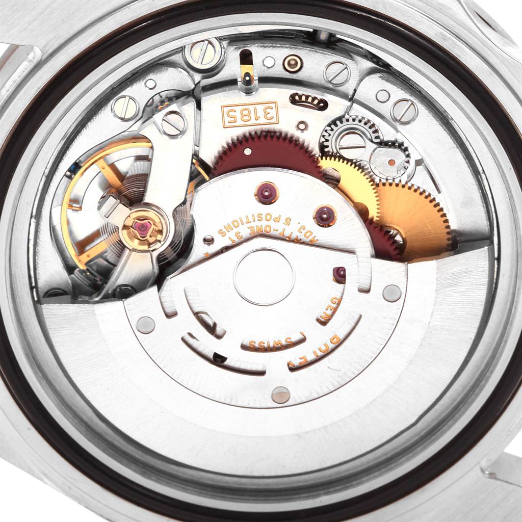 The image shows the movement of the Rolex Explorer 16570 Men's Stainless Steel White Dial 16570 Men's Stainless Steel White Dial watch from Rolex, viewed from the back case showcasing its intricate mechanical components.