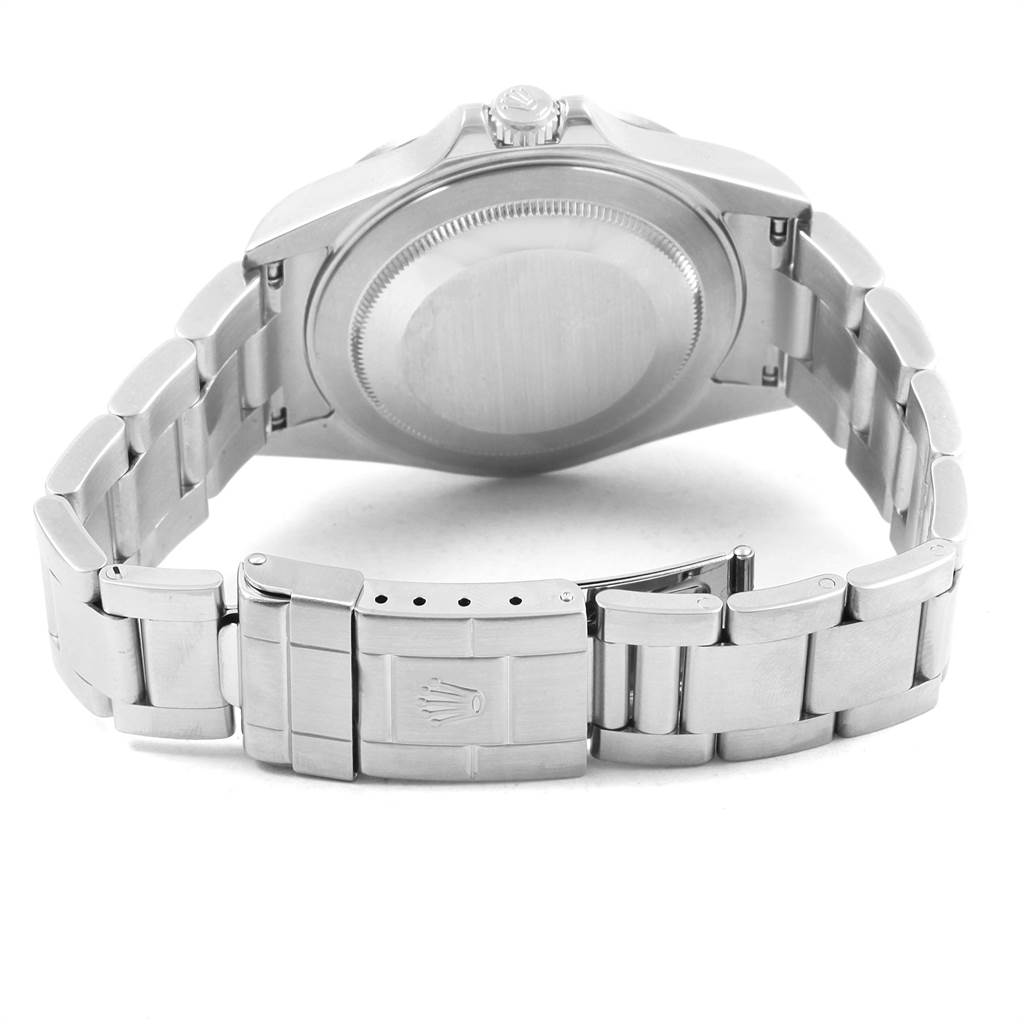 The image shows the back view of a Rolex Explorer 16570 Men's Stainless Steel White Dial 16570 Men's Stainless Steel White Dial watch, highlighting the case back, crown, and bracelet with clasp.