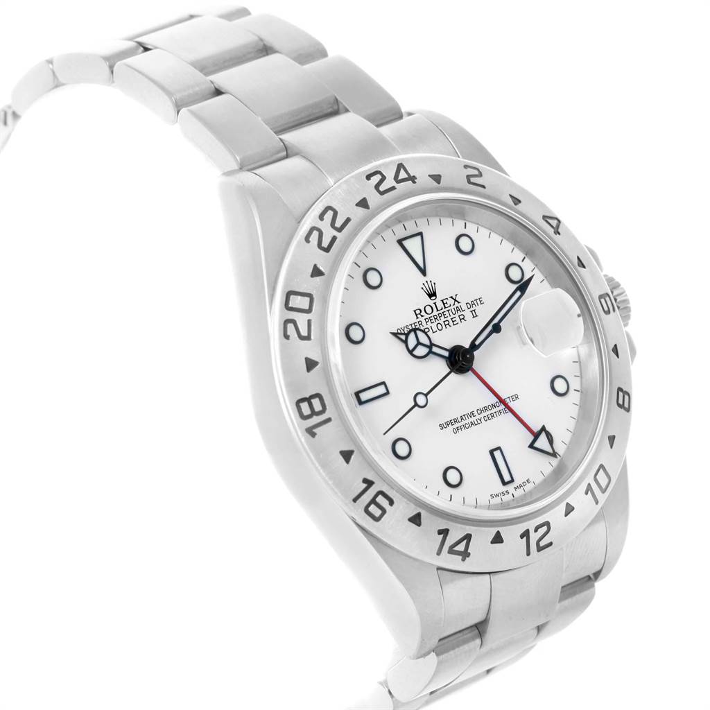 The Rolex Explorer 16570 Men's Stainless Steel White Dial 16570 Men's Stainless Steel White Dial watch is shown at a slight angle, highlighting its face, bezel, crown, and bracelet.