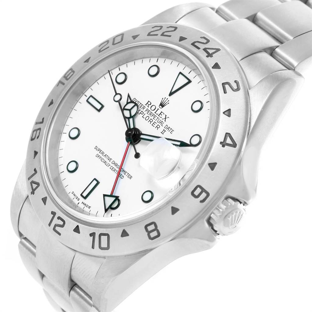 The Rolex Explorer 16570 Men's Stainless Steel White Dial 16570 Men's Stainless Steel White Dial watch is shown from a slightly angled view, highlighting the dial, bezel, hands, bracelet, and the crown.