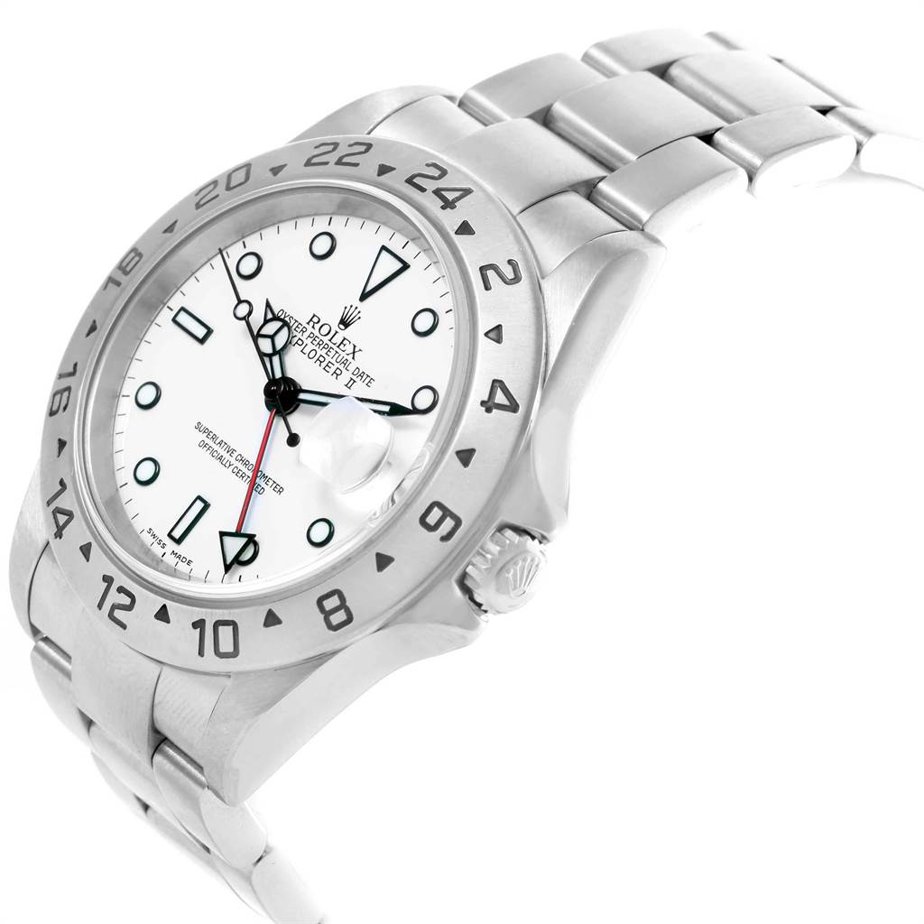 The image shows a Rolex Explorer 16570 Men's Stainless Steel White Dial 16570 Men's Stainless Steel White Dial watch at a slightly tilted angle, highlighting its bezel, dial, hands, and bracelet.