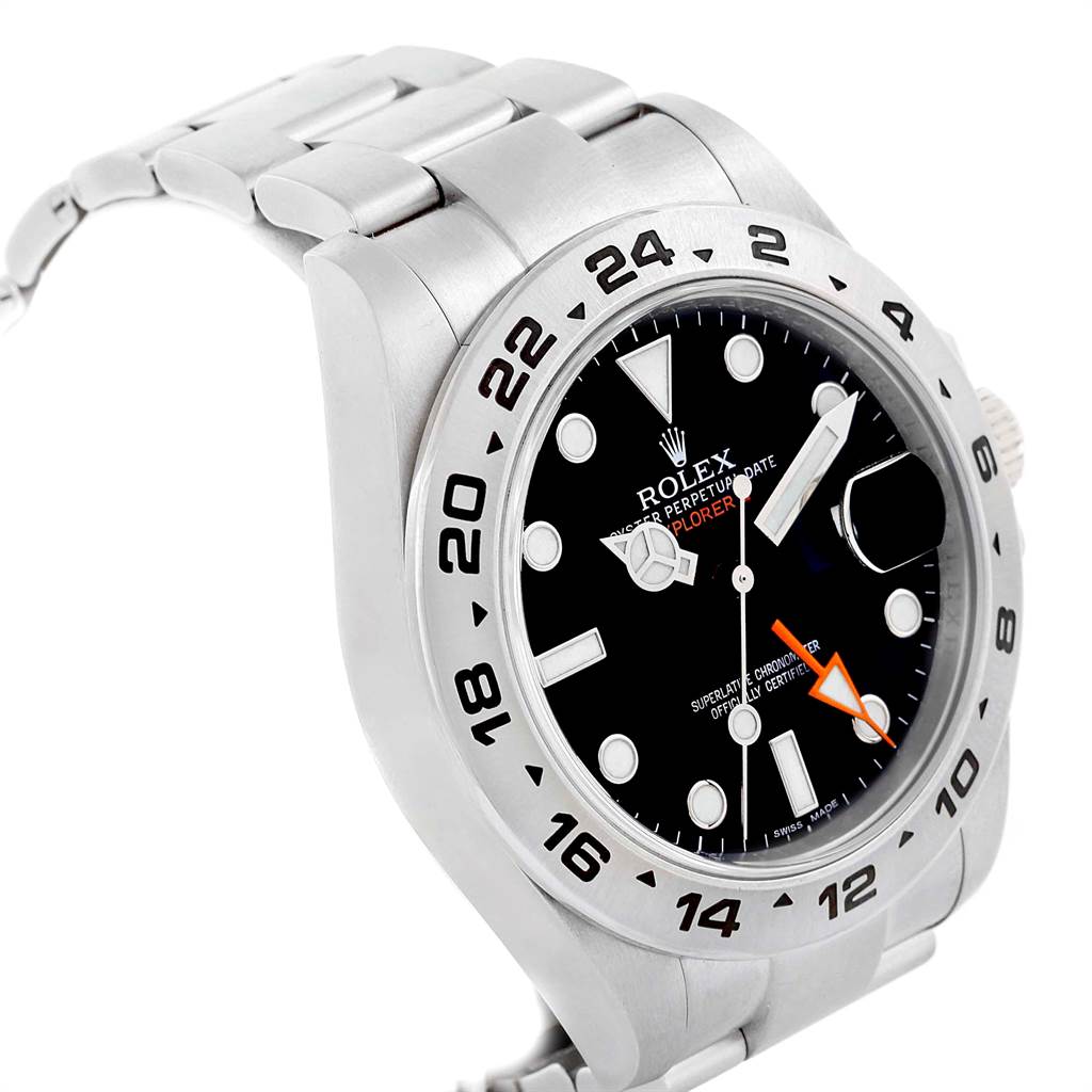 The image shows a Rolex Explorer 216570 Men's Stainless Steel Black Dial 216570 Men's Stainless Steel Black Dial watch at an angled side view, highlighting the black dial, bezel, and part of the metal bracelet.