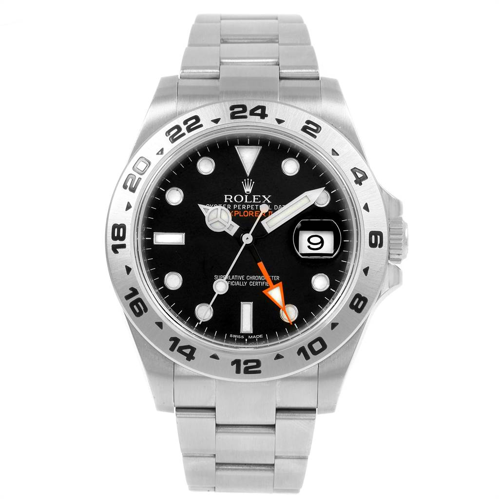 The image shows a front view of the Rolex Explorer 216570 Men's Stainless Steel Black Dial 216570 Men's Stainless Steel Black Dial watch, highlighting the watch face, bezel, and metal bracelet.