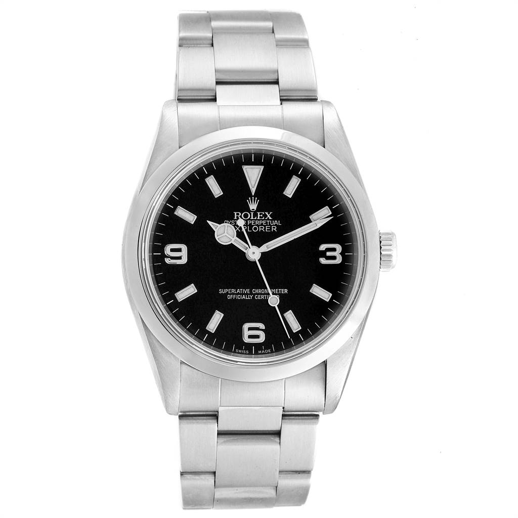 The image shows a front view of a Rolex Explorer 14270 Men's Stainless Steel Black Dial 14270 Men's Stainless Steel Black Dial watch, highlighting its face, hands, bezel, and stainless steel bracelet.