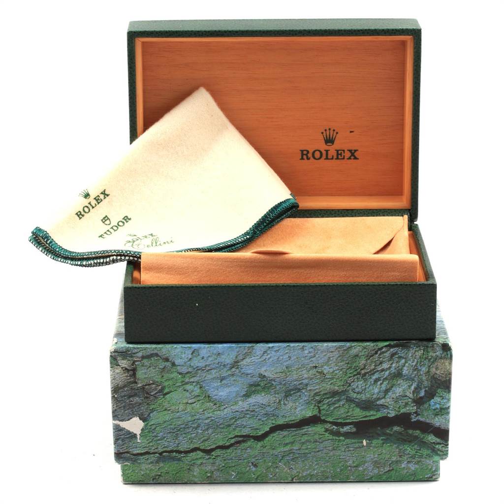 The image shows a Rolex Explorer 14270 Men's Stainless Steel Black Dial 14270 Men's Stainless Steel Black Dial watch box with an open lid and a cleaning cloth inside, bearing the Rolex and Tudor logos.