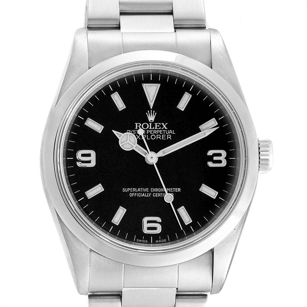 This is a front view of the Rolex Explorer 14270 Men's Stainless Steel Black Dial 14270 Men's Stainless Steel Black Dial watch showing the dial, bezel, and part of the bracelet.