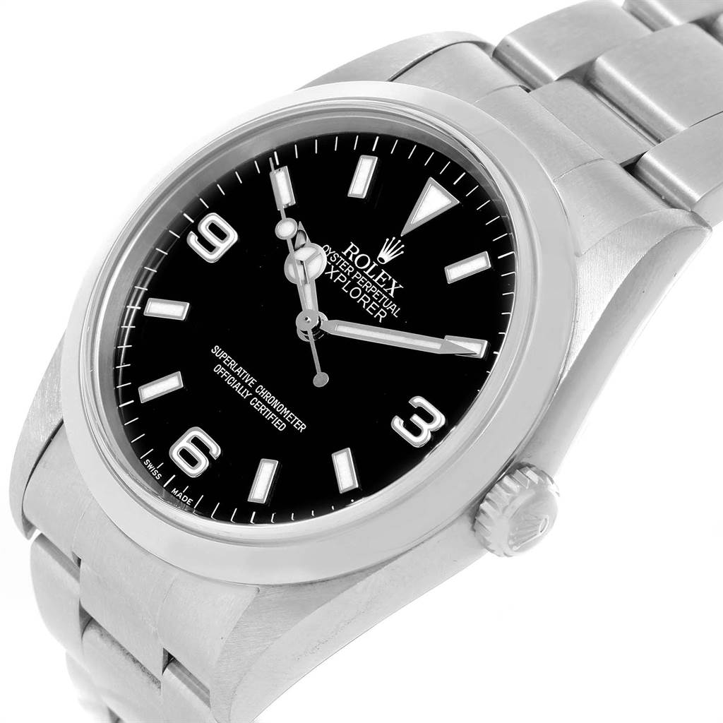 The image shows a Rolex Explorer 14270 Men's Stainless Steel Black Dial 14270 Men's Stainless Steel Black Dial watch at a slight angle, highlighting the black dial, bezel, case, crown, and bracelet.
