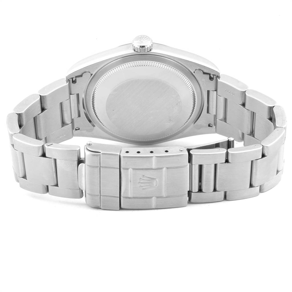 This image shows the rear view of a Rolex Explorer 14270 Men's Stainless Steel Black Dial 14270 Men's Stainless Steel Black Dial watch, highlighting the case back and bracelet clasp.