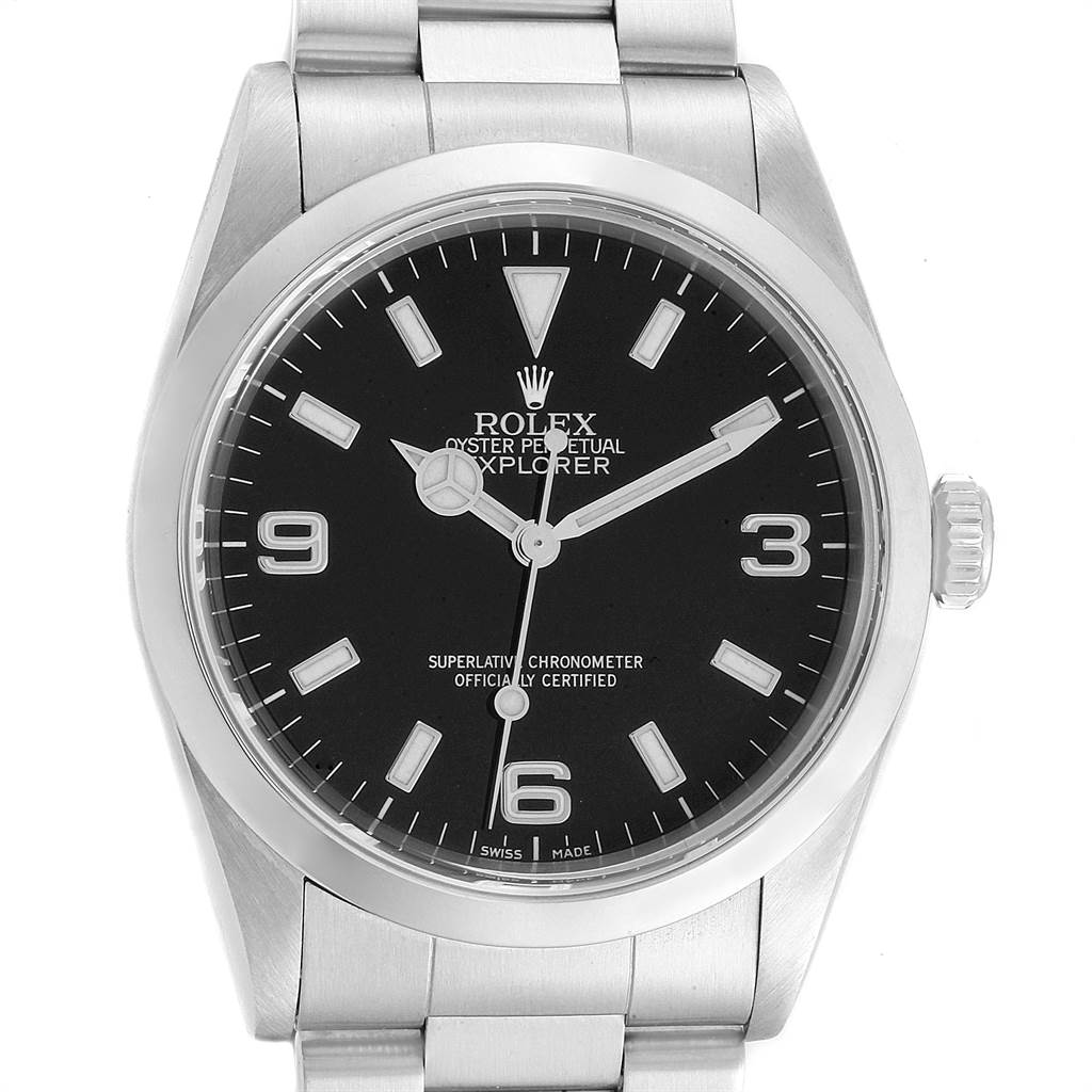 The image shows a front view of a Rolex Explorer 14270 Men's Stainless Steel Black Dial 14270 Men's Stainless Steel Black Dial model watch, highlighting the face, bezel, and part of the bracelet.