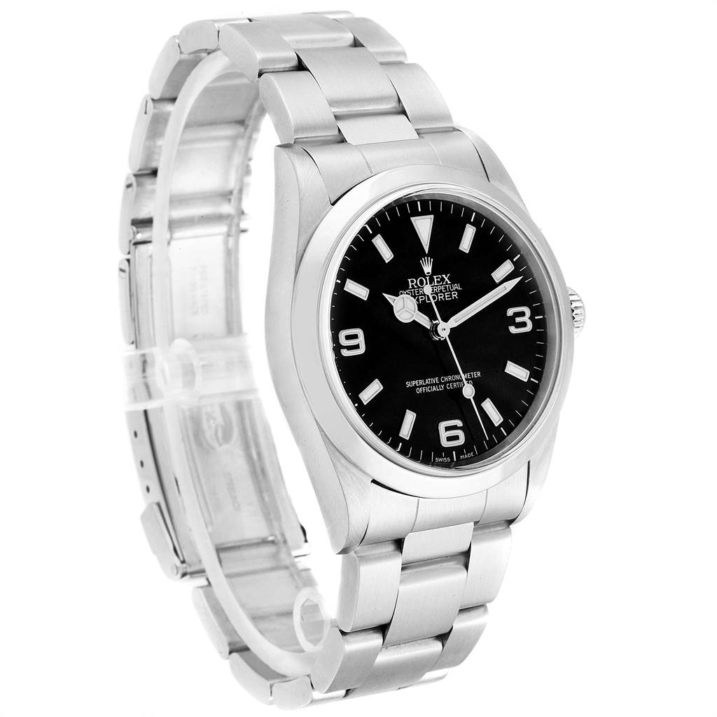 This image shows a side-angle view of a Rolex Explorer 14270 Men's Stainless Steel Black Dial 14270 Men's Stainless Steel Black Dial watch, highlighting the watch face, bezel, and bracelet.