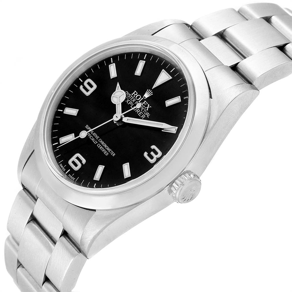 The Rolex Explorer 14270 Men's Stainless Steel Black Dial 14270 Men's Stainless Steel Black Dial watch is shown at a slight side angle, highlighting the black dial, indices, hands, crown, and stainless steel bracelet.