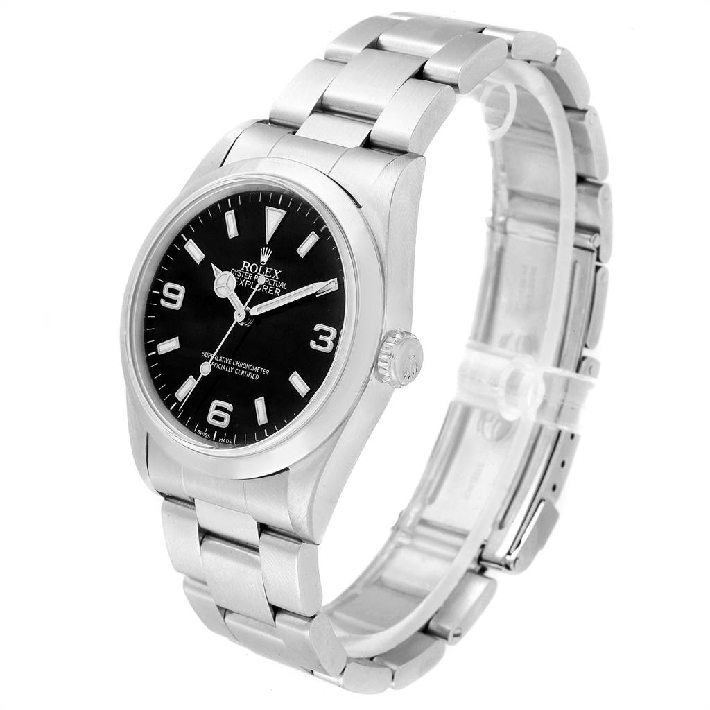 The image shows a side angle view of a Rolex Explorer 14270 Men's Stainless Steel Black Dial 14270 Men's Stainless Steel Black Dial watch, highlighting the face, bezel, and bracelet.