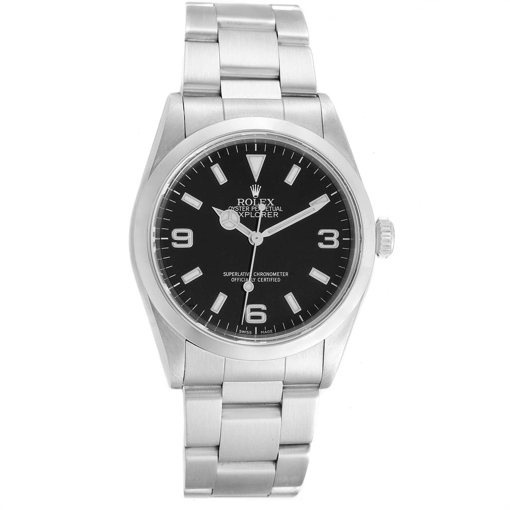 The Rolex Explorer 14270 Men's Stainless Steel Black Dial 14270 Men's Stainless Steel Black Dial watch is shown front-facing, displaying its dial, hands, and bracelet.