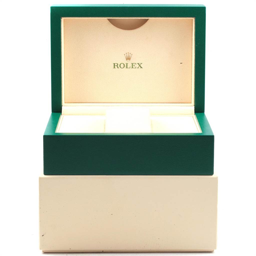 The image shows an open Rolex Explorer 214270 Men's Stainless Steel Black Dial 214270 Men's Stainless Steel Black Dial watch box from a front view, displaying the interior compartments.