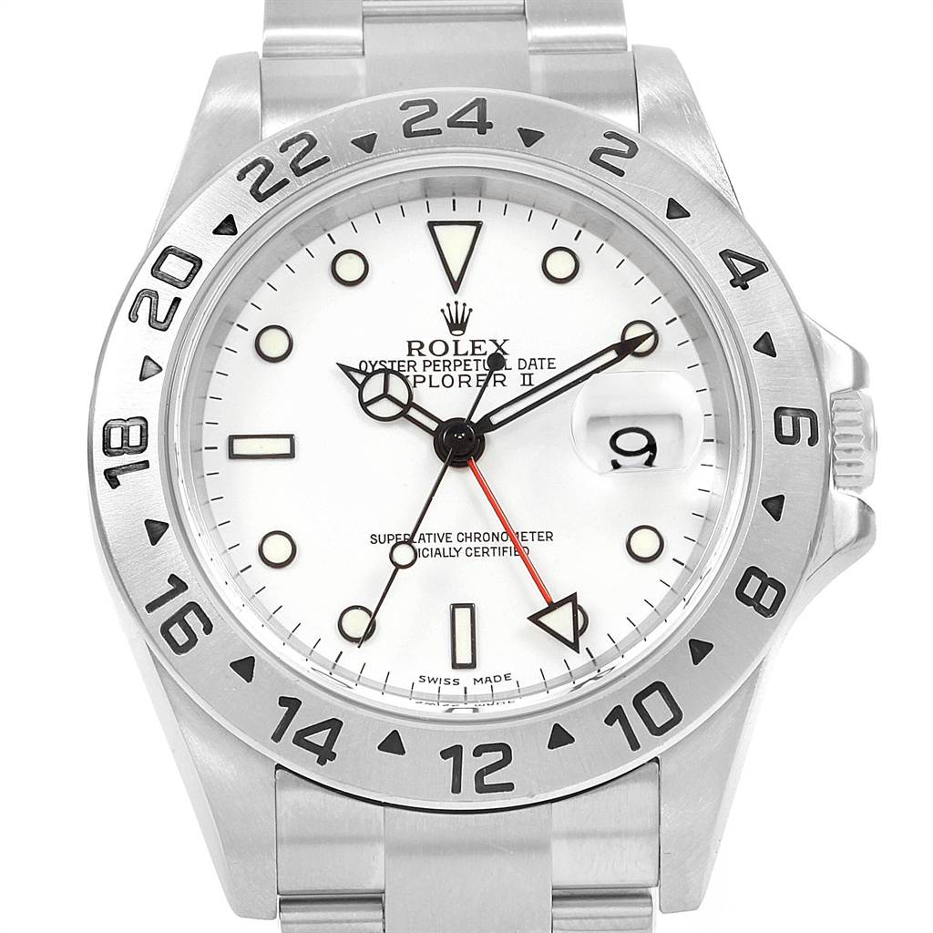 The Rolex Explorer 16570 Men's Stainless Steel White Dial 16570 Men's Stainless Steel White Dial watch is shown from a front angle, highlighting its face, bezel, date window, and part of the bracelet.