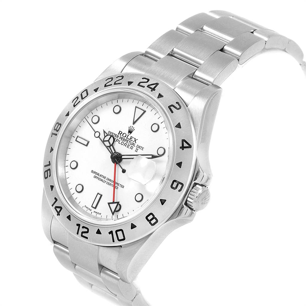 The image shows a side-angle view of a Rolex Explorer 16570 Men's Stainless Steel White Dial 16570 Men's Stainless Steel White Dial model watch, displaying its face, bezel, crown, and bracelet.