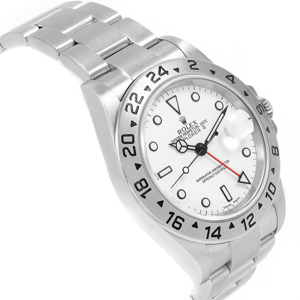 This image shows a Rolex Explorer 16570 Men's Stainless Steel White Dial 16570 Men's Stainless Steel White Dial watch at an angled top view, highlighting the bezel, dial, hands, and bracelet.