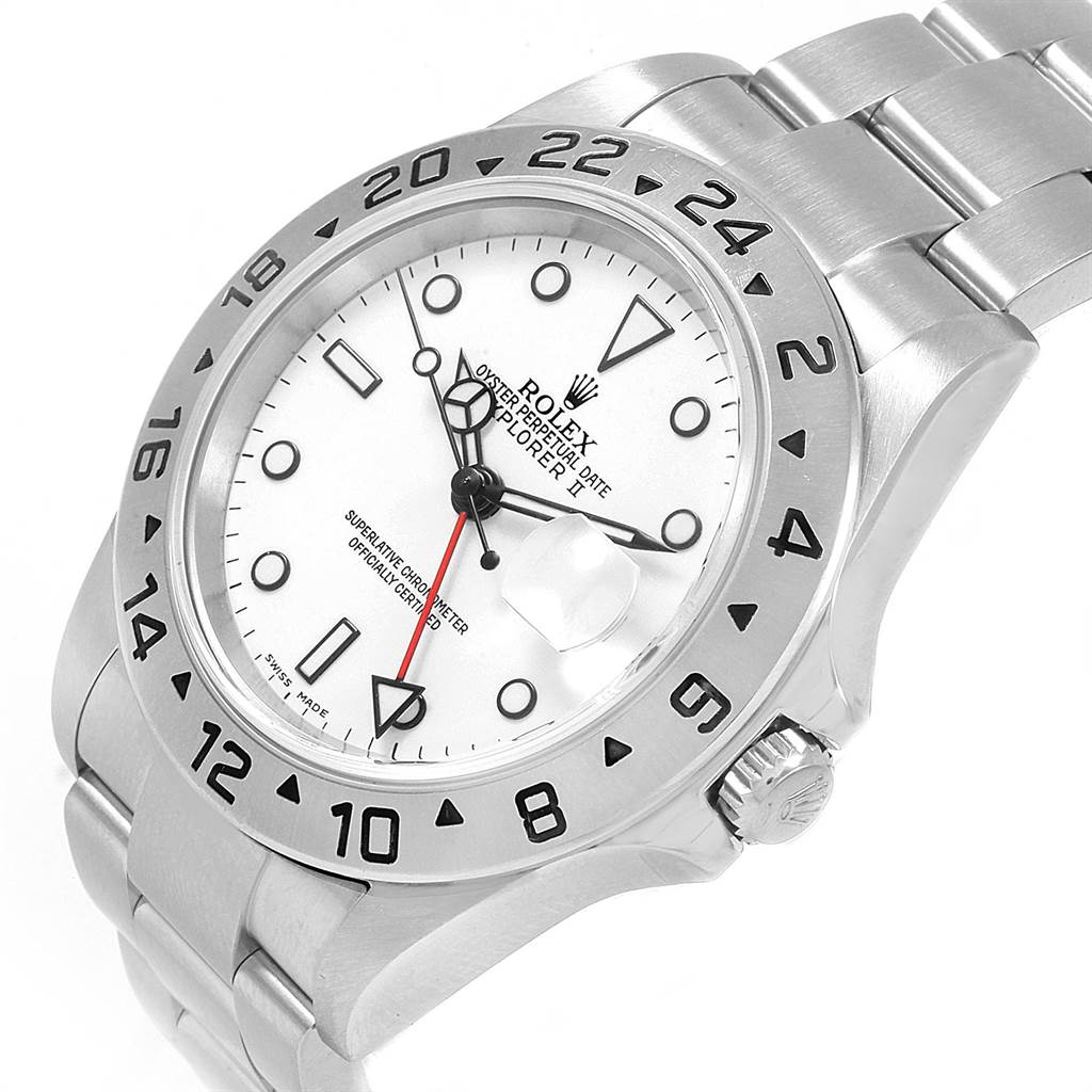 The image shows a Rolex Explorer 16570 Men's Stainless Steel White Dial 16570 Men's Stainless Steel White Dial watch at an angled close-up, highlighting the dial, bezel, bracelet, and crown.