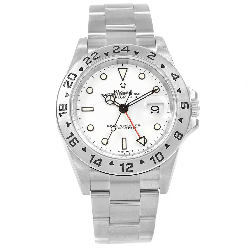 This image shows a front view of a Rolex Explorer 16570 Men's Stainless Steel White Dial 16570 Men's Stainless Steel White Dial watch, featuring its dial, bezel, and bracelet.