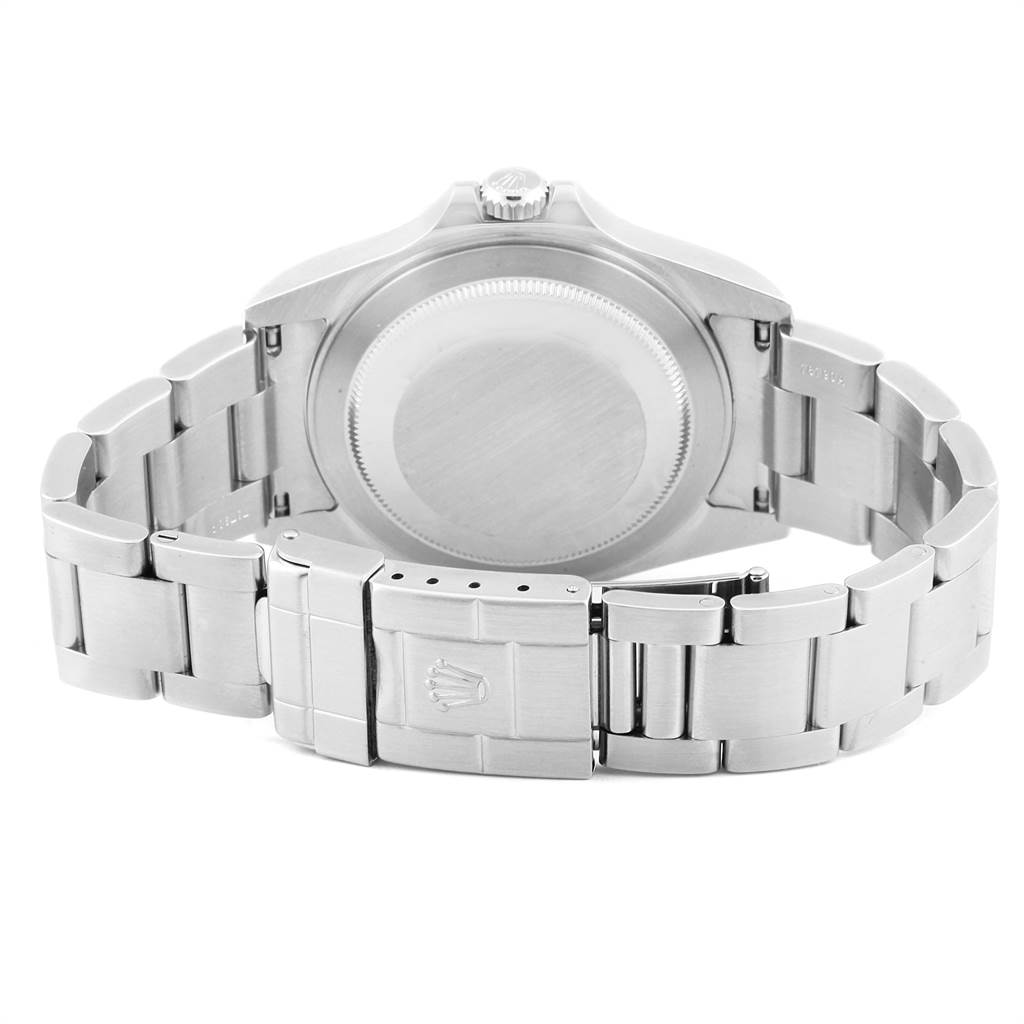 The image shows the Rolex Explorer 16570 Men's Stainless Steel White Dial 16570 Men's Stainless Steel White Dial's stainless steel case back and bracelet from the rear angle.