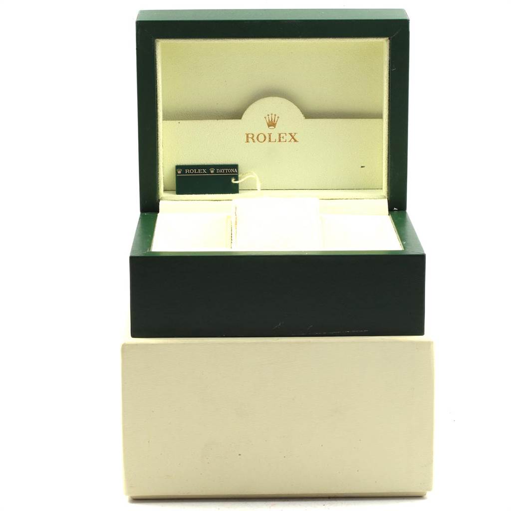 The image shows an open green and cream Rolex watch box for the Explorer model, viewed from the front.