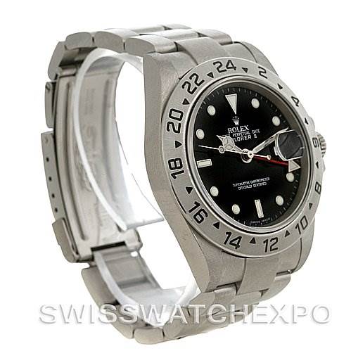 The image shows a Rolex Explorer 16570 Men's Stainless Steel Black Dial 16570 Men's Stainless Steel Black Dial watch at an angle, highlighting the face, bezel, and partially opened stainless steel bracelet.