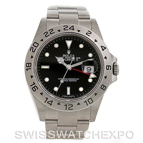 This image shows a full front view of a Rolex Explorer 16570 Men's Stainless Steel Black Dial 16570 Men's Stainless Steel Black Dial watch, featuring its bezel, dial, hands, and bracelet.