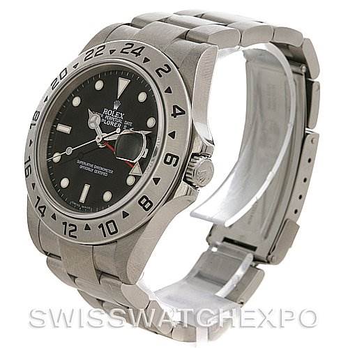This image shows a Rolex Explorer 16570 Men's Stainless Steel Black Dial 16570 Men's Stainless Steel Black Dial watch at an angled side view, displaying the dial, bezel, crown, and bracelet.