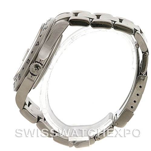 This image shows a side view of the Rolex Explorer 16570 Men's Stainless Steel Black Dial 16570 Men's Stainless Steel Black Dial watch, highlighting the bracelet and case.