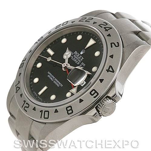 The image shows a close-up angle of the Rolex Explorer 16570 Men's Stainless Steel Black Dial 16570 Men's Stainless Steel Black Dial watch, highlighting the bezel, crown, dial, and part of the bracelet.