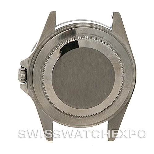 This image shows the back case and lugs of a Rolex Explorer 16570 Men's Stainless Steel Black Dial 16570 Men's Stainless Steel Black Dial watch from a direct rear angle.