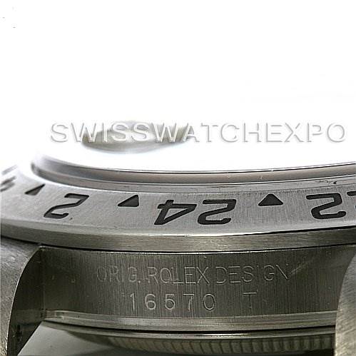 The image shows a close-up side view of the bezel and case side, including model number marking, of the Rolex Explorer 16570 Men's Stainless Steel Black Dial 16570 Men's Stainless Steel Black Dial watch.