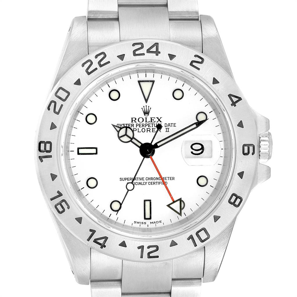 The Rolex Explorer 16570 Men's Stainless Steel White Dial 16570 Men's Stainless Steel White Dial watch is shown from the front, displaying the dial, hour markers, hands, bezel, and bracelet.