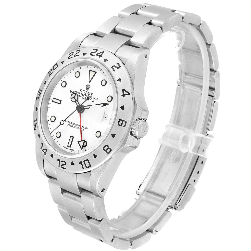 The Rolex Explorer 16570 Men's Stainless Steel White Dial 16570 Men's Stainless Steel White Dial watch is shown at a three-quarter angle, displaying the face, bezel, and bracelet.