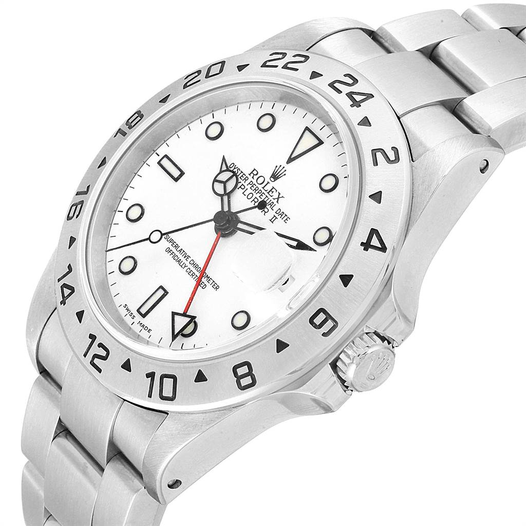The image shows a Rolex Explorer 16570 Men's Stainless Steel White Dial 16570 Men's Stainless Steel White Dial watch at a three-quarter angle, highlighting the face, bezel, crown, and bracelet.