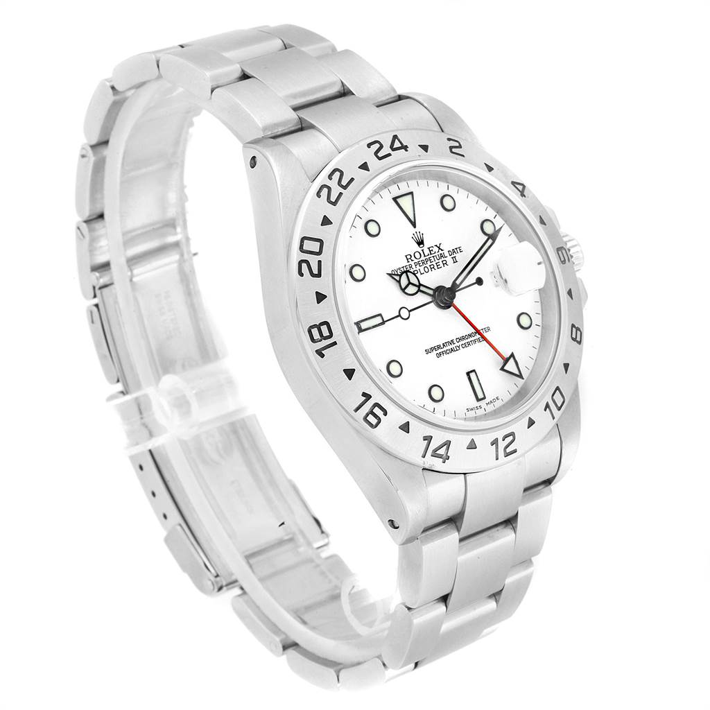 The image shows a side and front angle of the Rolex Explorer 16570 Men's Stainless Steel White Dial 16570 Men's Stainless Steel White Dial watch, highlighting the dial and bracelet.