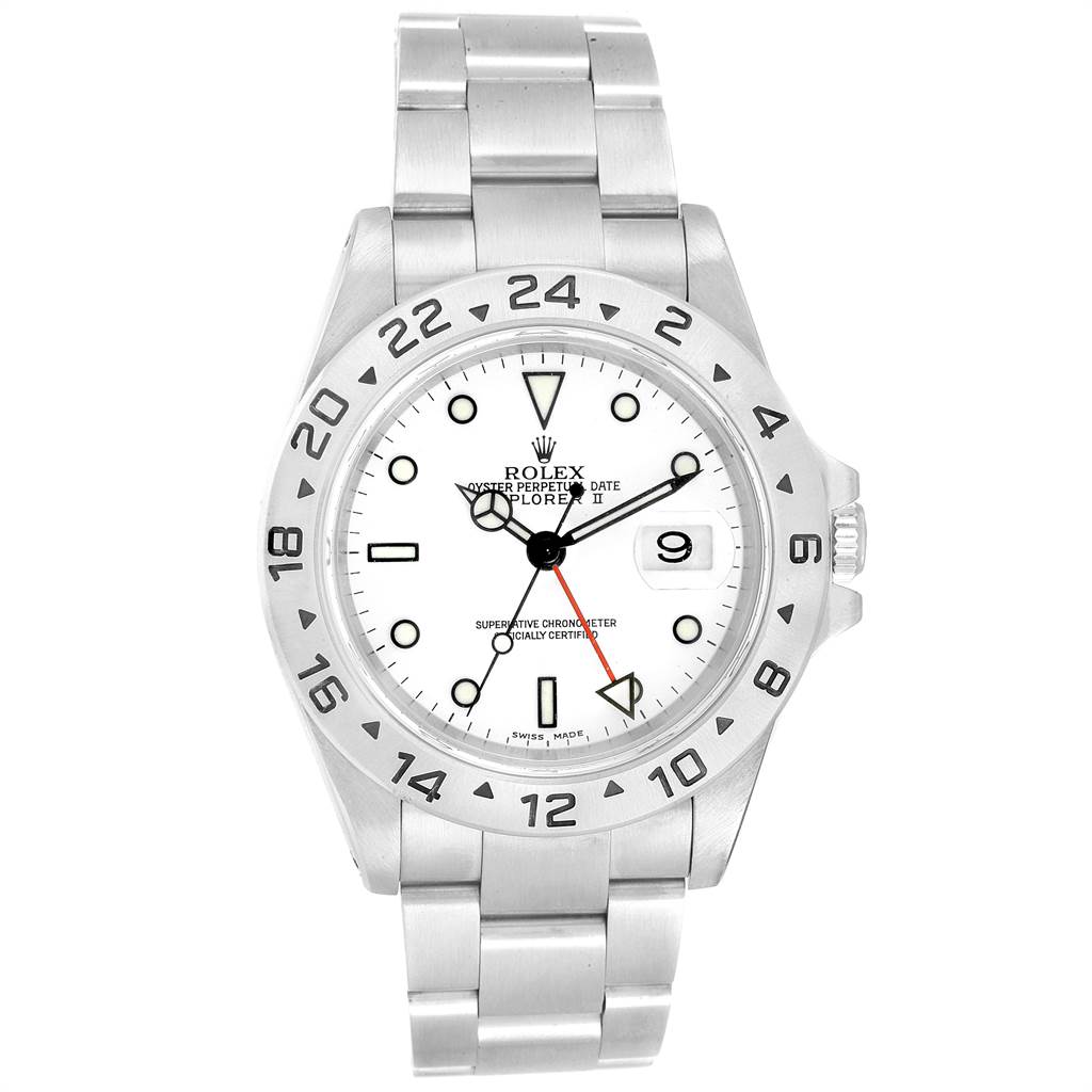 The image shows a front view of a Rolex Explorer 16570 Men's Stainless Steel White Dial 16570 Men's Stainless Steel White Dial watch, highlighting its bezel, dial, hands, and bracelet.