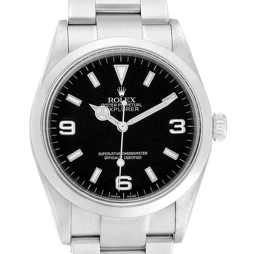 The image shows a front view of a Rolex Explorer 114270 Men's Stainless Steel Black Dial 114270 Men's Stainless Steel Black Dial watch, featuring its dial, bezel, crown, and part of the bracelet.