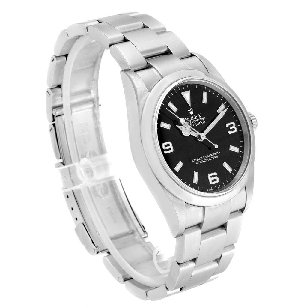 The Rolex Explorer 114270 Men's Stainless Steel Black Dial 114270 Men's Stainless Steel Black Dial watch is shown at a slight angle, highlighting the face, bezel, and bracelet.