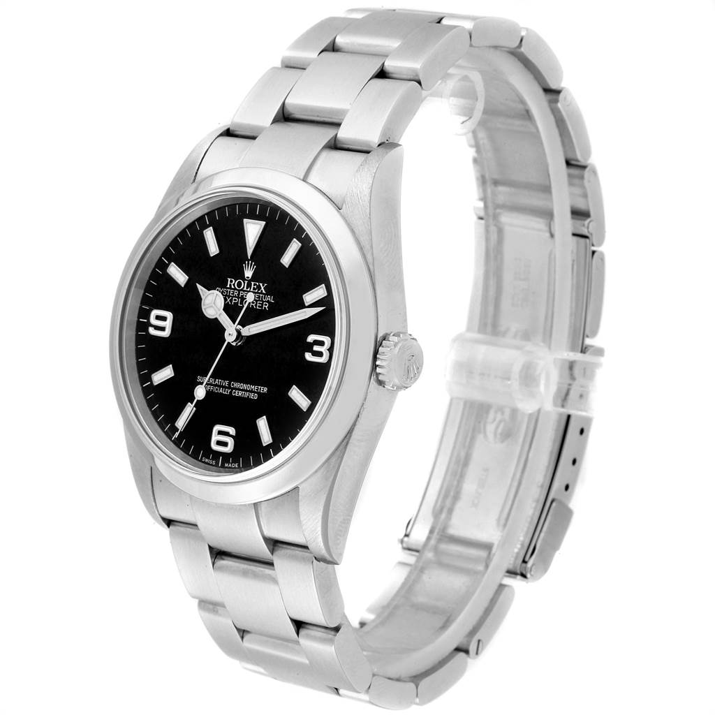 The image shows a side view of the Rolex Explorer 114270 Men's Stainless Steel Black Dial 114270 Men's Stainless Steel Black Dial watch, highlighting its bracelet, crown, and black dial.